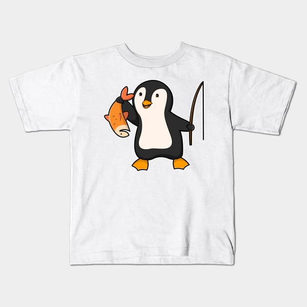 Penguin as Angler with Fish Kids T-Shirt by Markus Schnabel